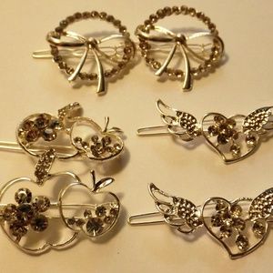 6 Silver Hair Clips  Wreath Heart Apple